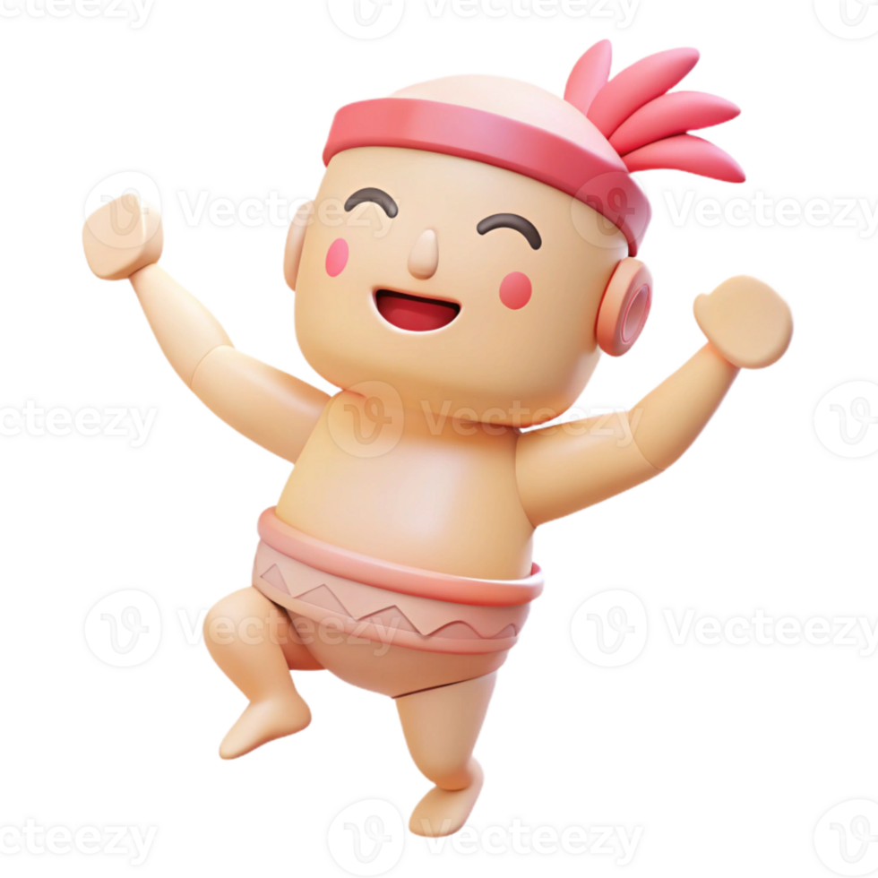 Cheerful 3D Cartoon Character with Pink Headband and Feathers png