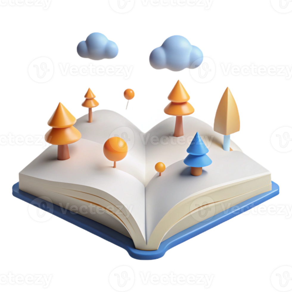 Open Book with 3D Trees and Clouds png
