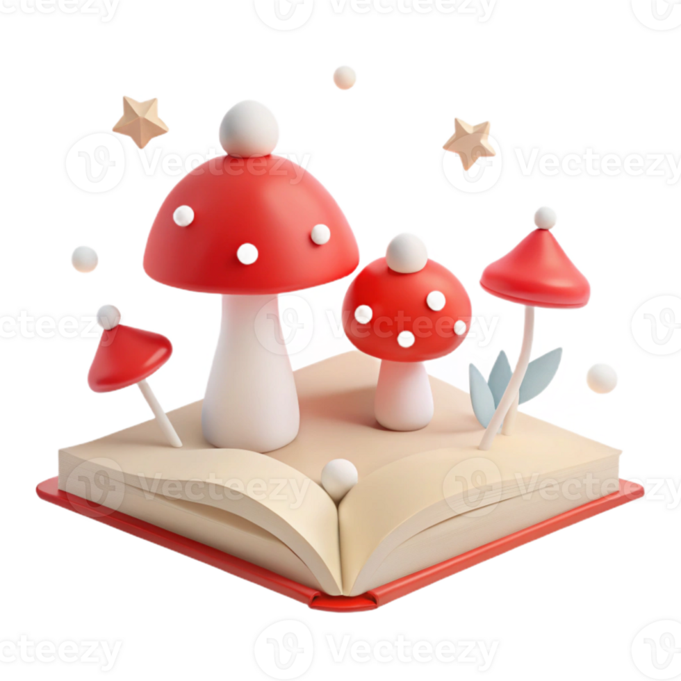3D Red Mushrooms Growing Out of Open Book png