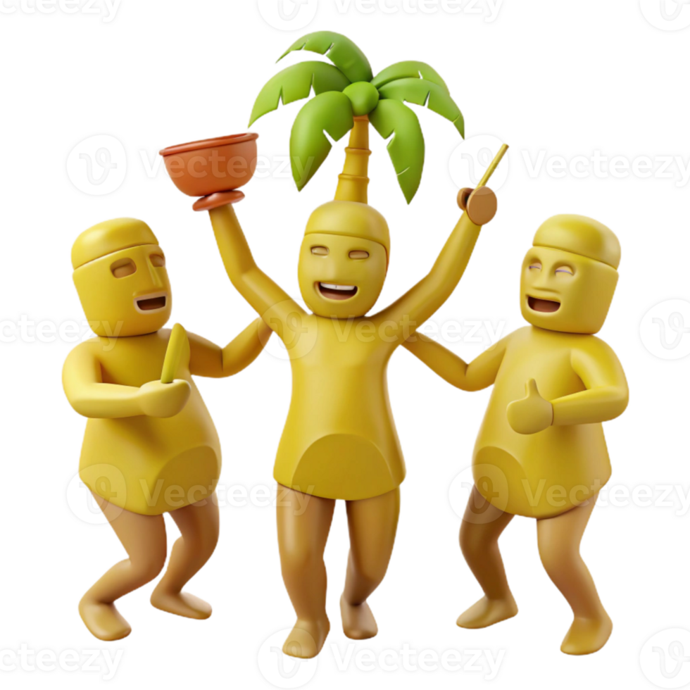Three 3D Cartoon Characters Celebrating with a Palm Tree png