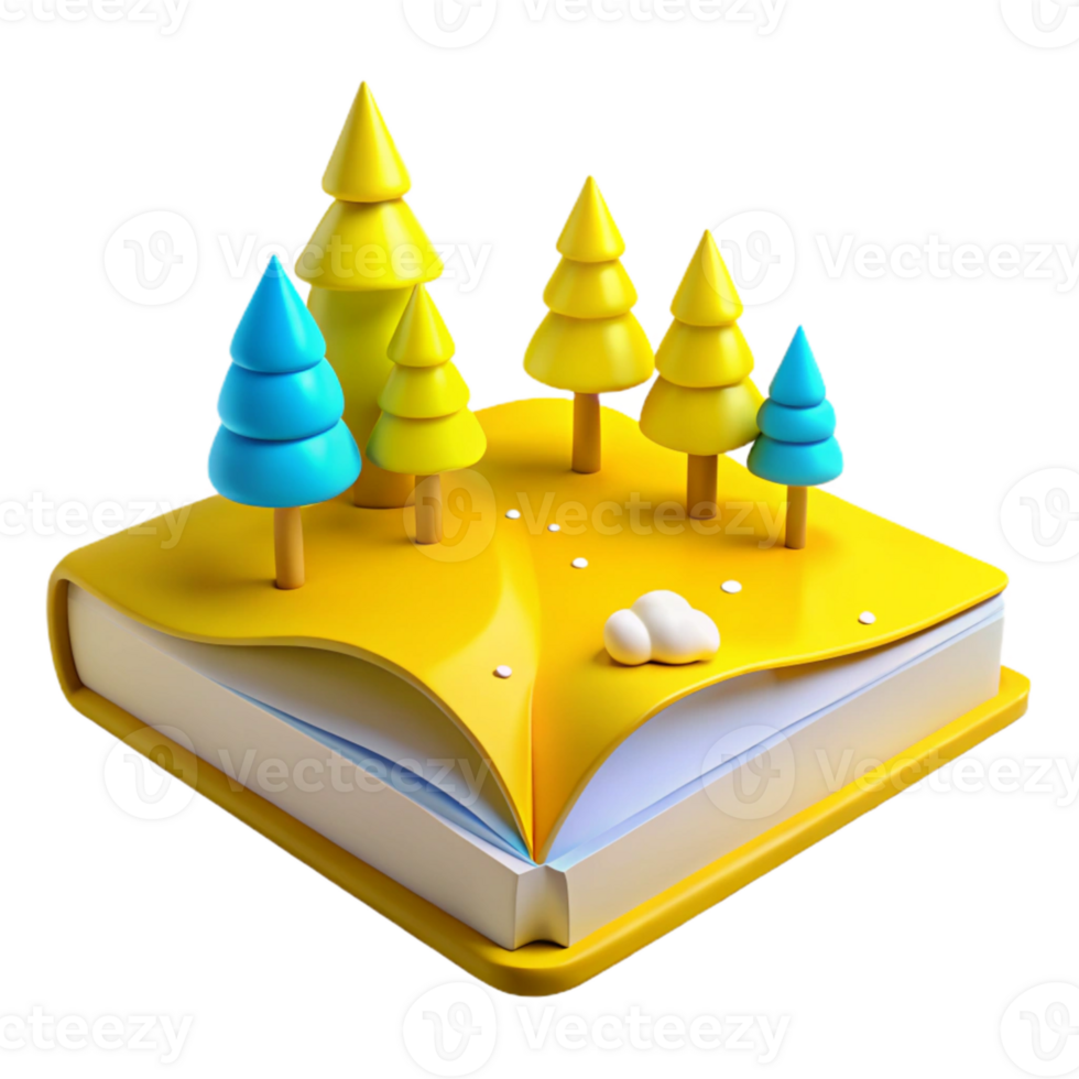 Open Book with 3D Trees and Clouds - Concept Illustration png