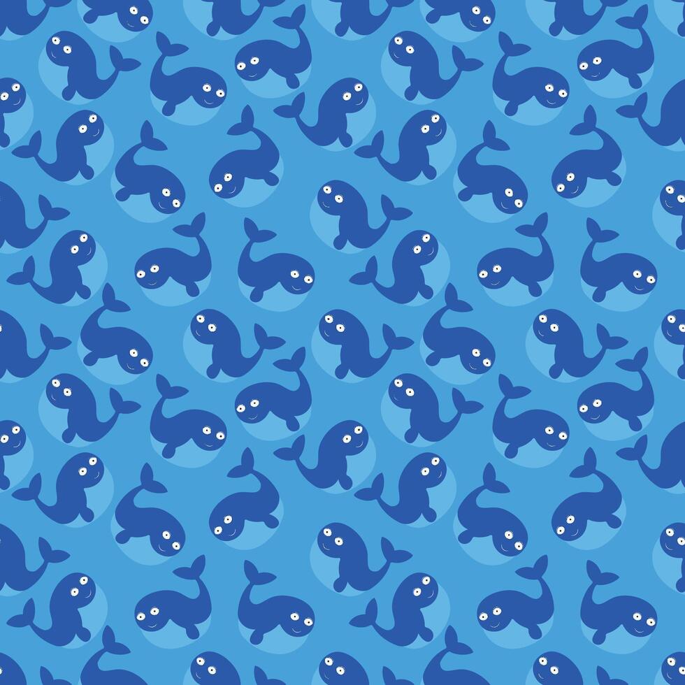 Seamless pattern of stylized whale figures with cute facial expressions on a blue background. vector