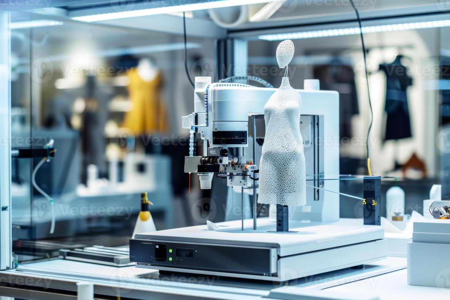 3D printer fabricating an intricate fashion model in a modern lab, showcasing the intersection of technology and clothing design. photo