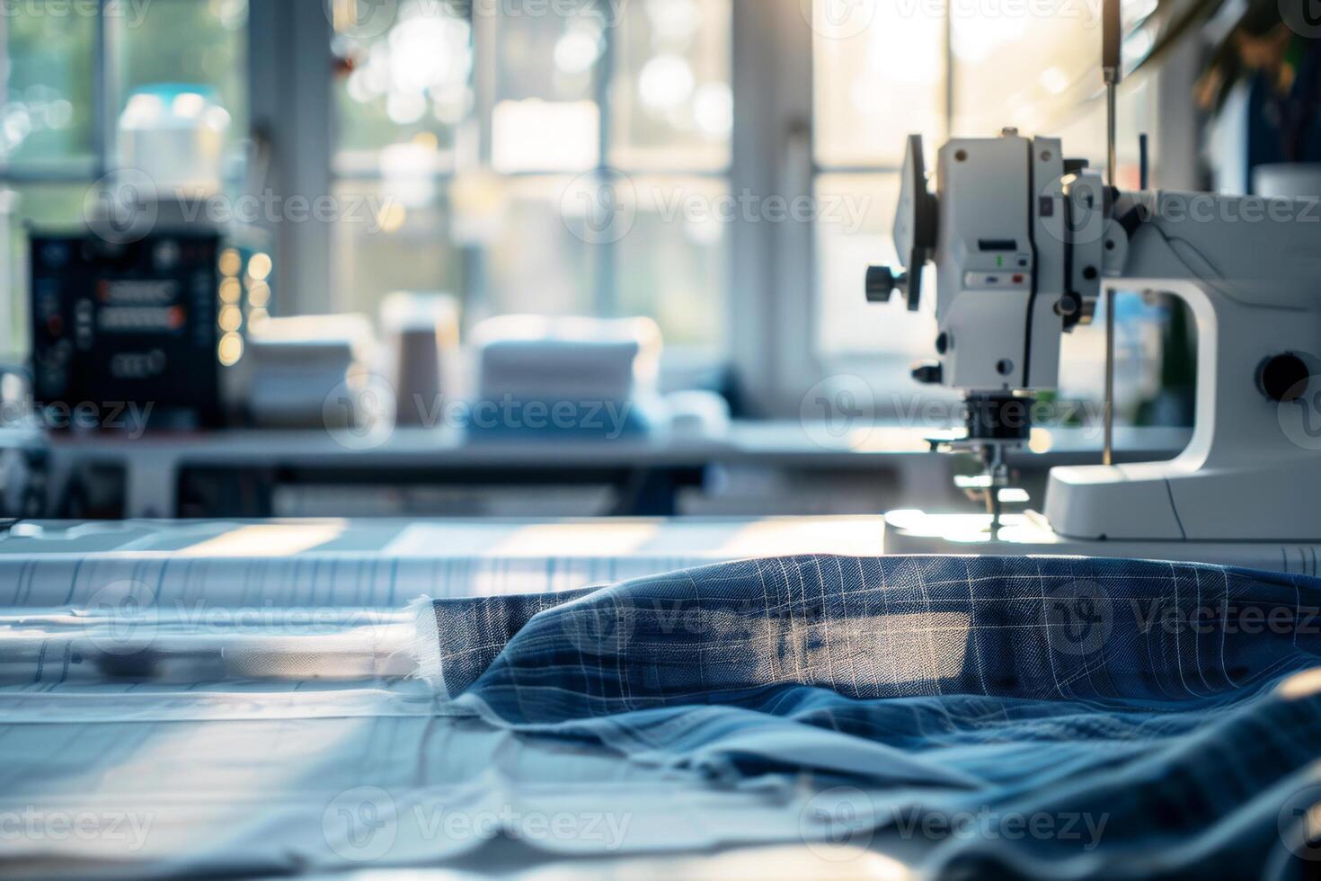 Textile studio with eco-friendly fabric and sewing machine, sunlight streaming through windows photo