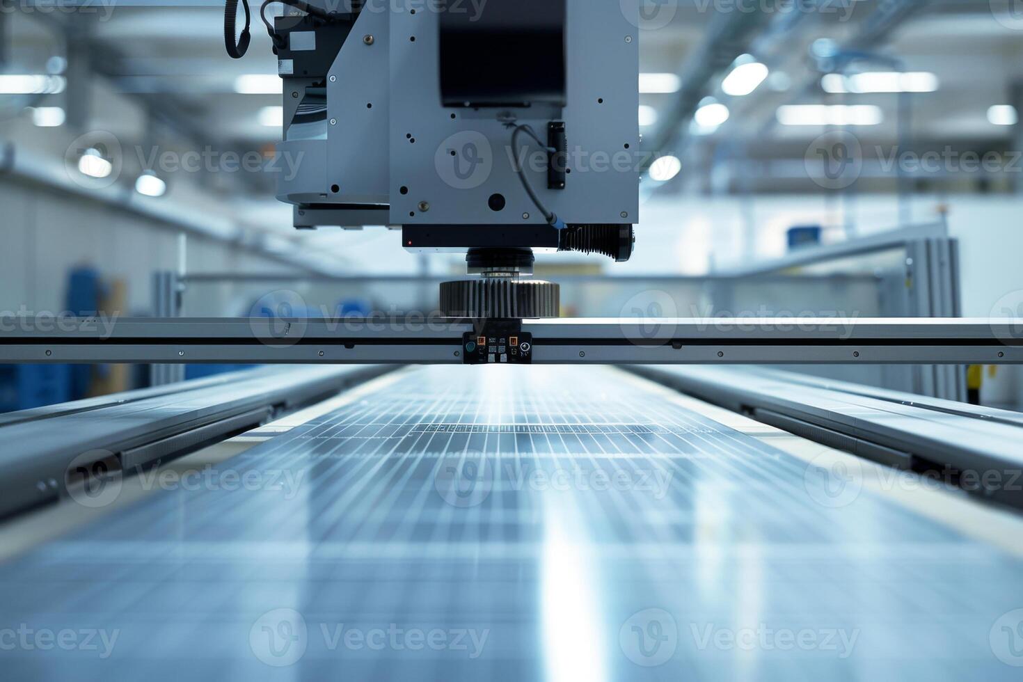 Industrial machine assembling solar panels in a high-tech factory, emphasizing precision and automation in clean energy production. photo