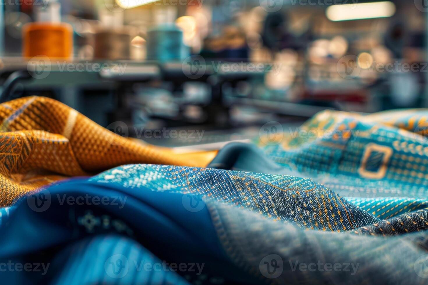 Vibrant, intricately patterned textiles in shades of blue and yellow are draped across a surface in a fabric workshop. photo