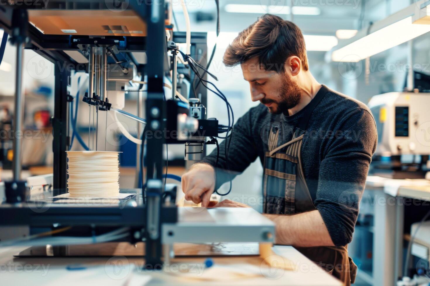 Engineer programming a textile 3D printer in a fashion tech lab, working with spools of eco-friendly filament, wearing an apron and focused on the task photo