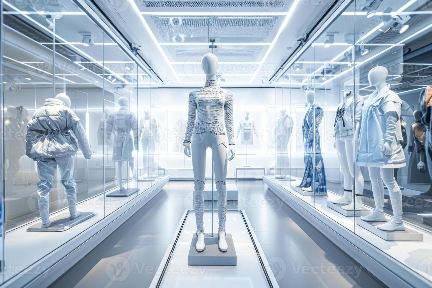 Virtual boutique with glass display cases showcasing fashion in studio setting. Futuristic clothing exhibition with 3D-printed clothing on mannequins in modern in a high-tech gallery photo