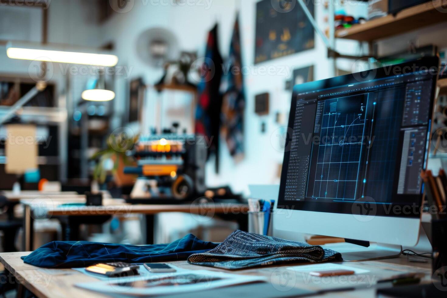 Behind the scenes of a modern textile design studio with computer-aided design software, fabrics, and digital tools on a cluttered workspace photo