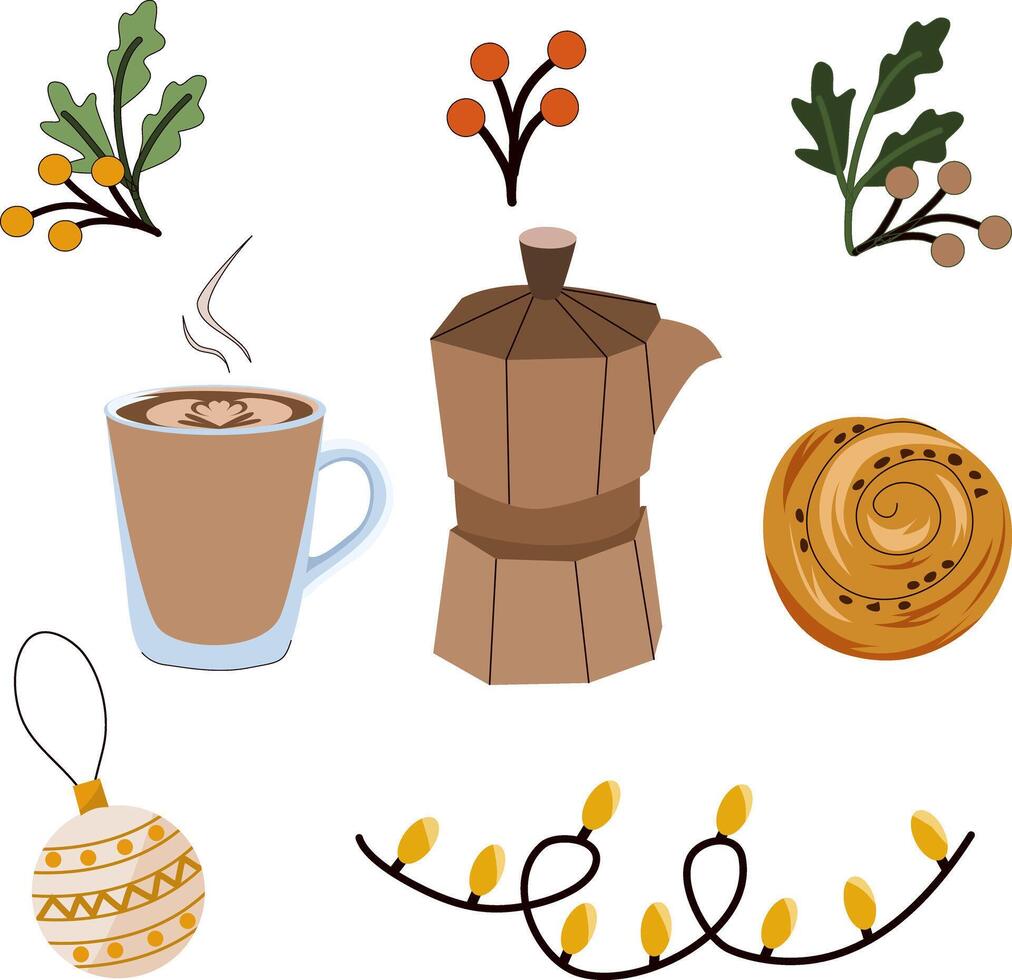 Set of Cute illustrations with autumn and winter hygge cozy elements. coffee, tree decorations, garland, Holly. Isolated on white background. Scandinavian danish style. vector