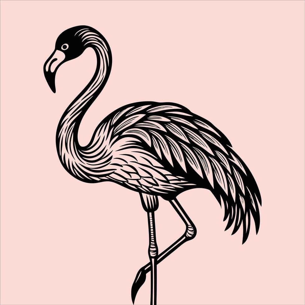 A black and white drawing of a flamingo vector