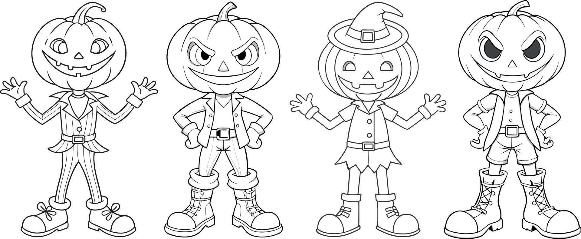 Set of four whimsical pumpkin characters exudes charm, each adorned with unique outfits vector