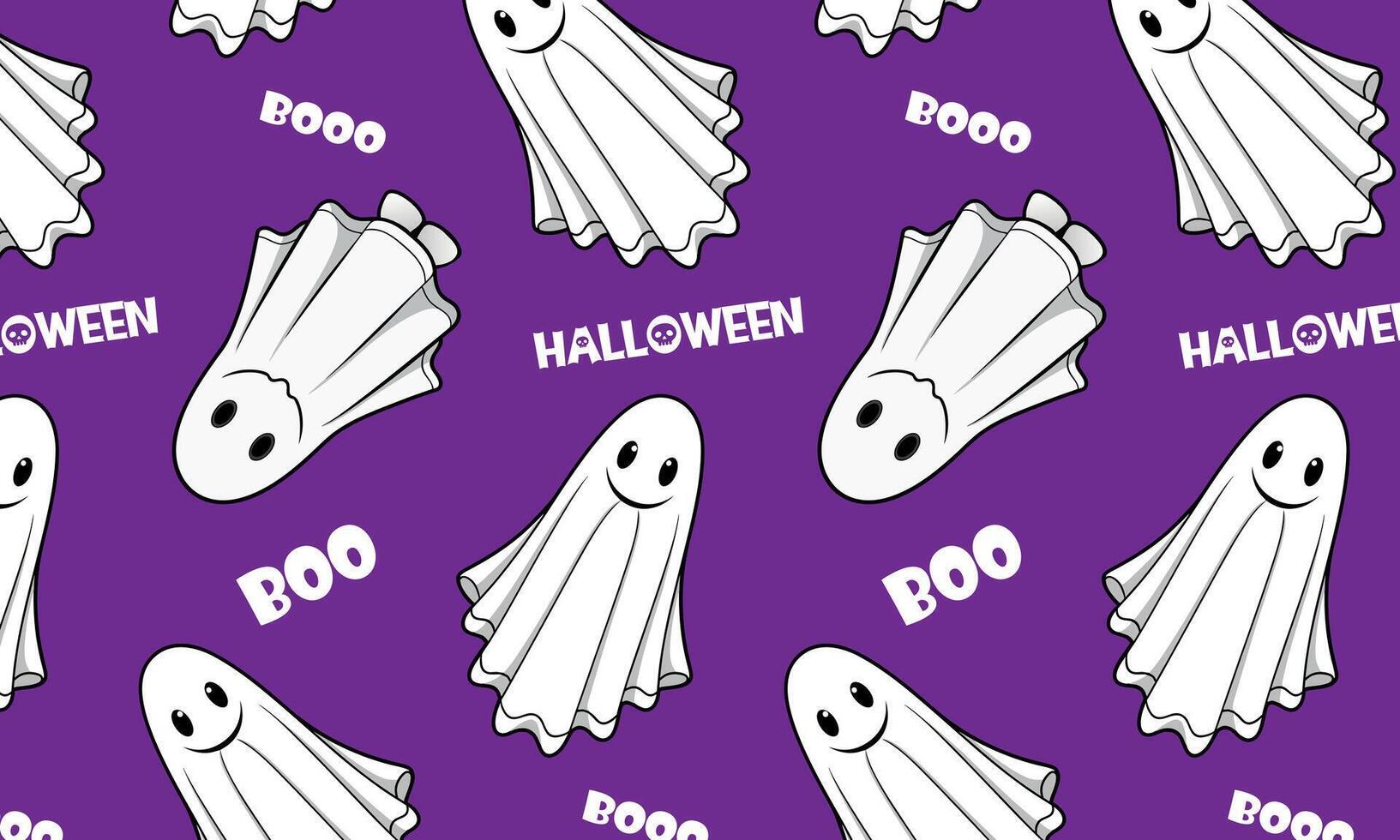 Playful, smiling ghosts dance across a bright background in a charming Halloween pattern, text Boo vector