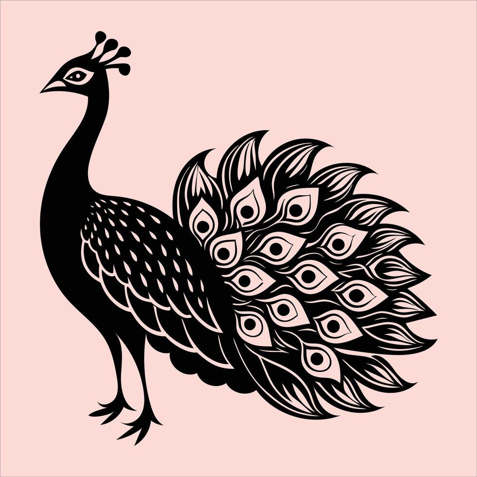 A black and white illustration of a peacock vector