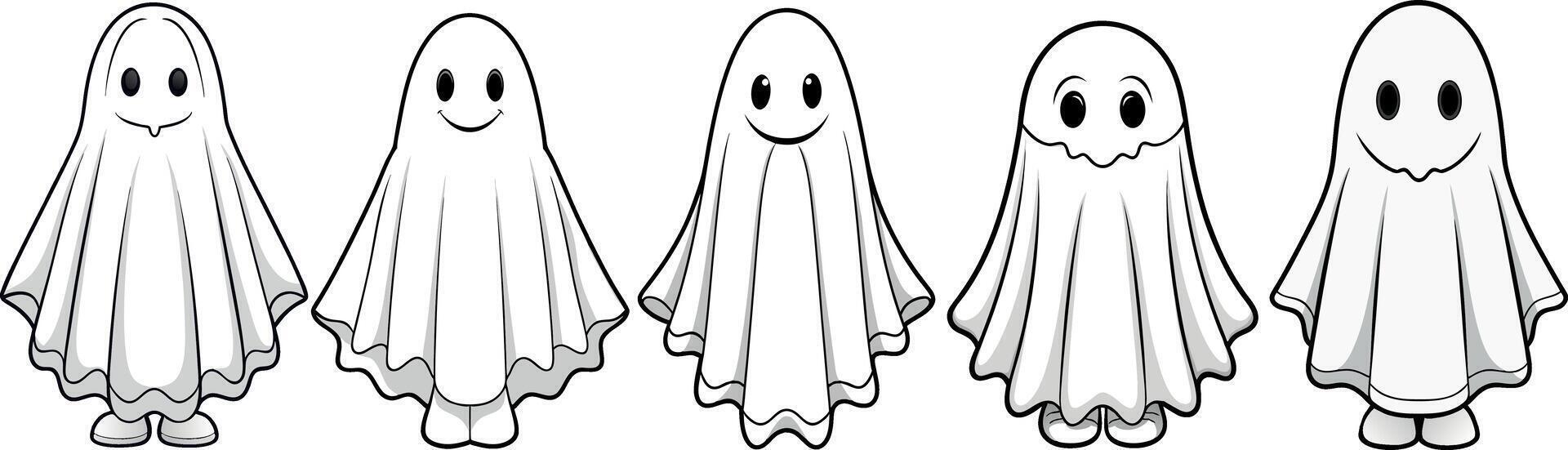 Halloween ghost character set. Five unique ghost designs with simple, playful expressions. For event branding, digital assets, children's products vector