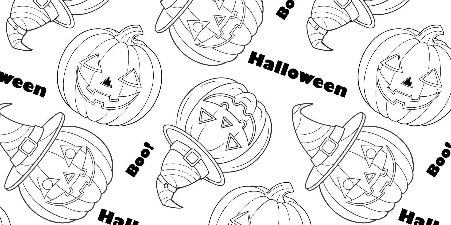 Halloween pumpkin and witch hat pattern with Boo and Halloween text, for holiday-themed products, wrapping paper, decorations vector
