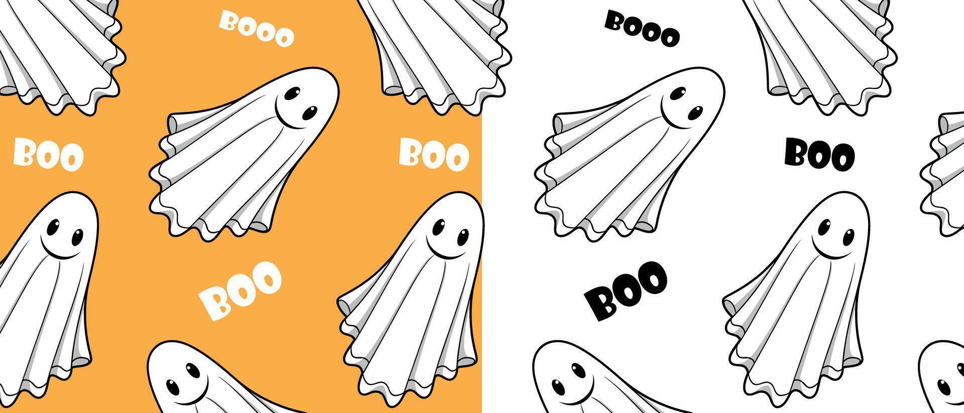 Dual Halloween ghost pattern, orange and white. For fabric design, packaging, or digital backgrounds vector