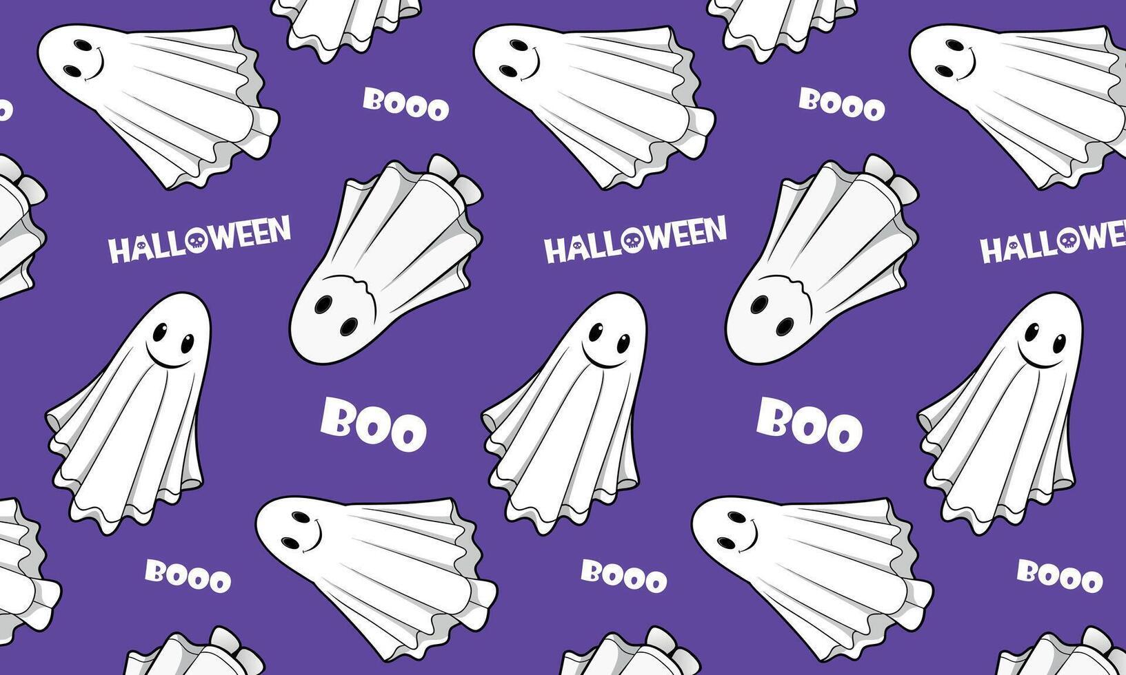 Halloween ghost pattern with BOO text and Halloween label, for holiday-themed products, banners, wrapping paper vector