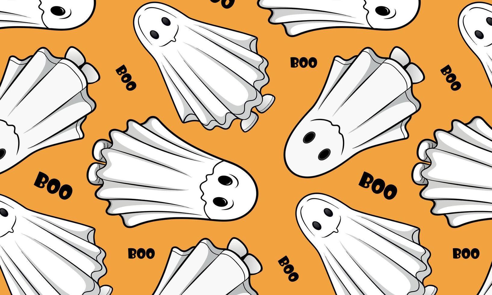 Halloween ghost pattern with BOO text on orange background, for holiday-themed products, gift wrap, event materials vector