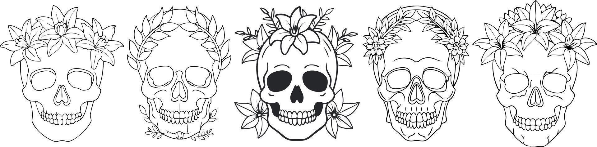 Set Artistic and colorful skull adorned with floral designs showcasing creativity and life vector