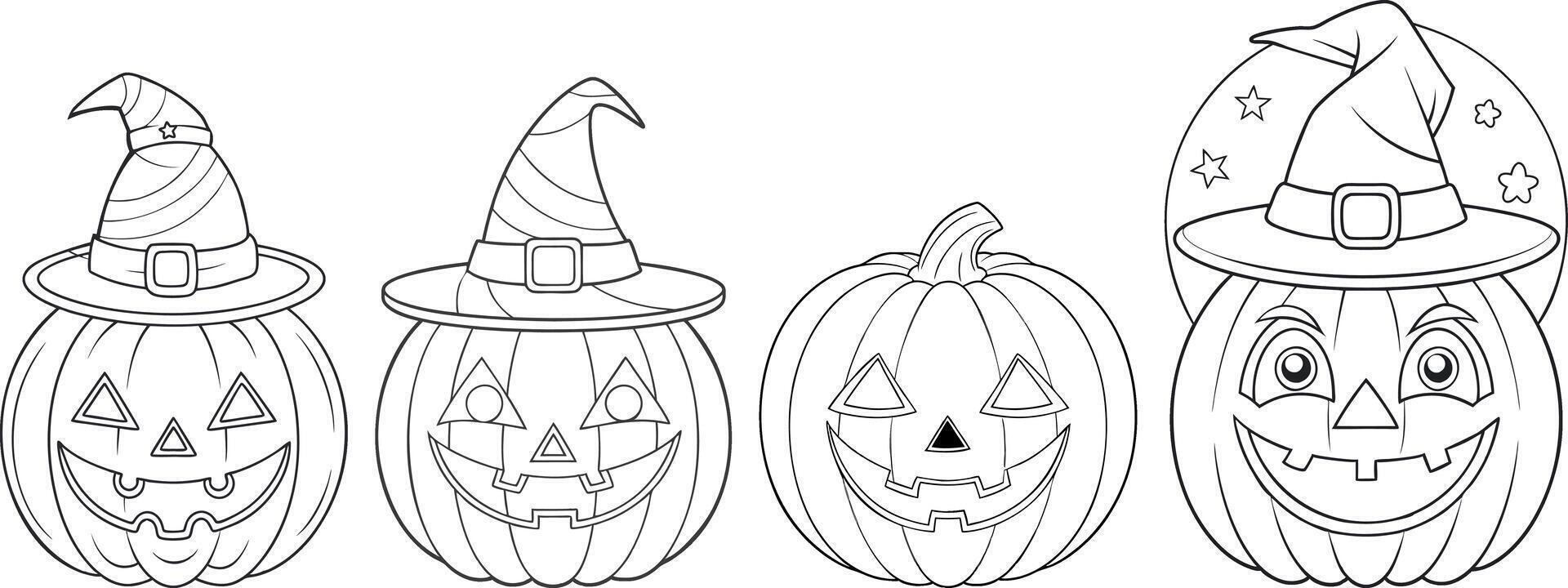 Collection of four pumpkins with different witch hats, for Halloween-themed icons, stickers, event branding vector