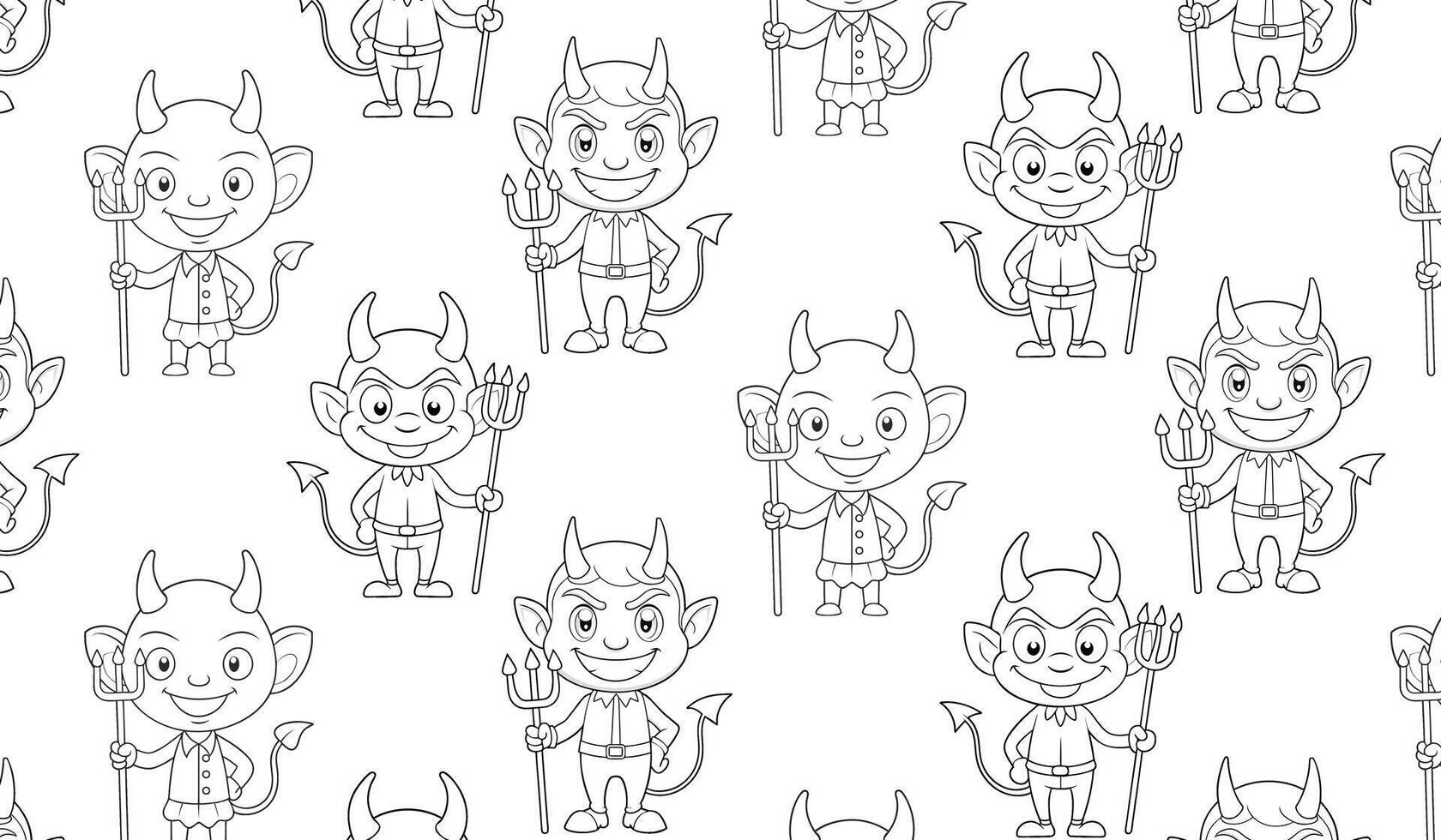 Black-and-white pattern, cute cartoon devils holding tridents, for Halloween-themed designs, textile patterns, wallpapers. vector