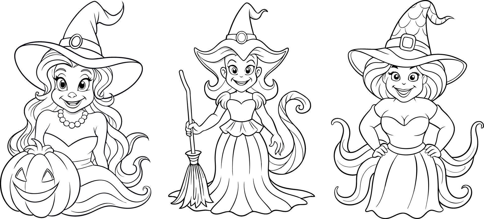 Set of three witches in playful, detailed costumes with hats and brooms, line art, for Halloween event flyers, banners, textile design, coloring page vector