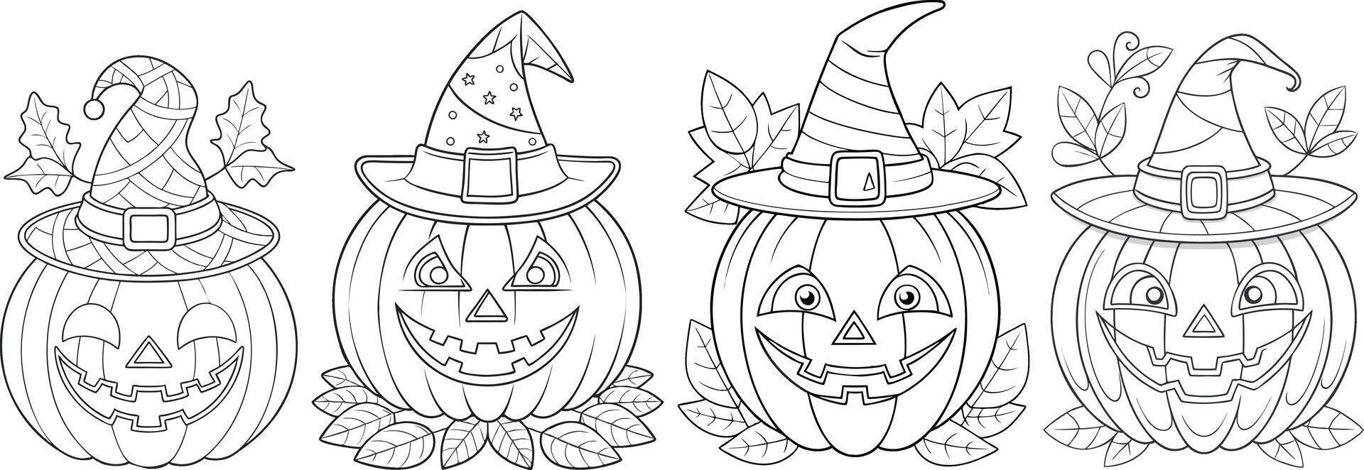 Set of Detailed Halloween pumpkins with witch hats and leaves, intricately drawn pumpkins, detailed holiday merchandise, event flyers, textile prints vector