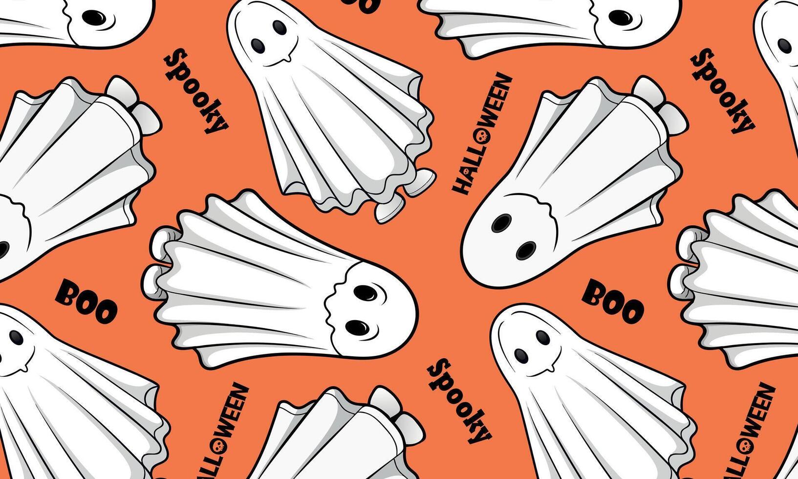 Halloween ghost pattern with Spooky and Halloween text, red background, textile, wallpaper, giftcard vector