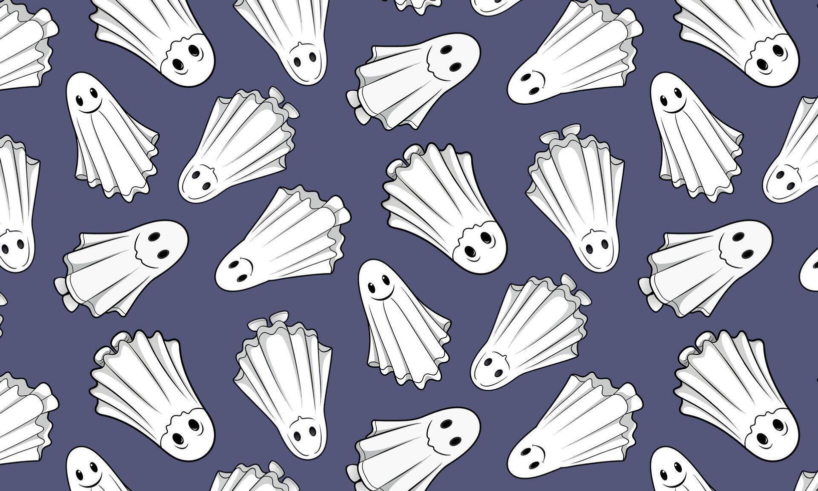 Simple repeating pattern of white ghosts on a dark blue backdrop, for Halloween decorations, textile prints, event branding vector