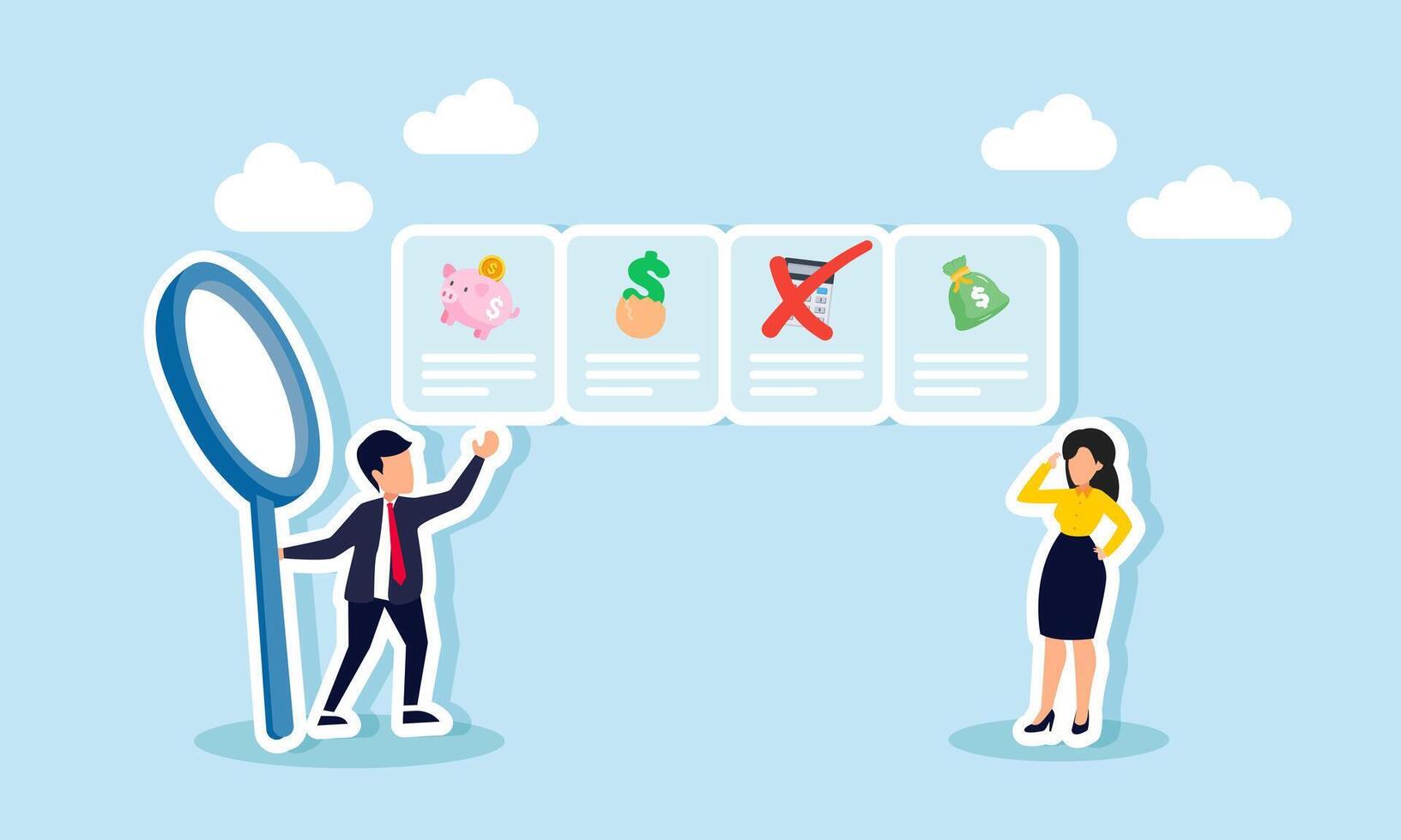 A businessman and a businesswoman standing next to item choices about financial management, marked on the calculator, illustration of disagreement with financial calculation vector
