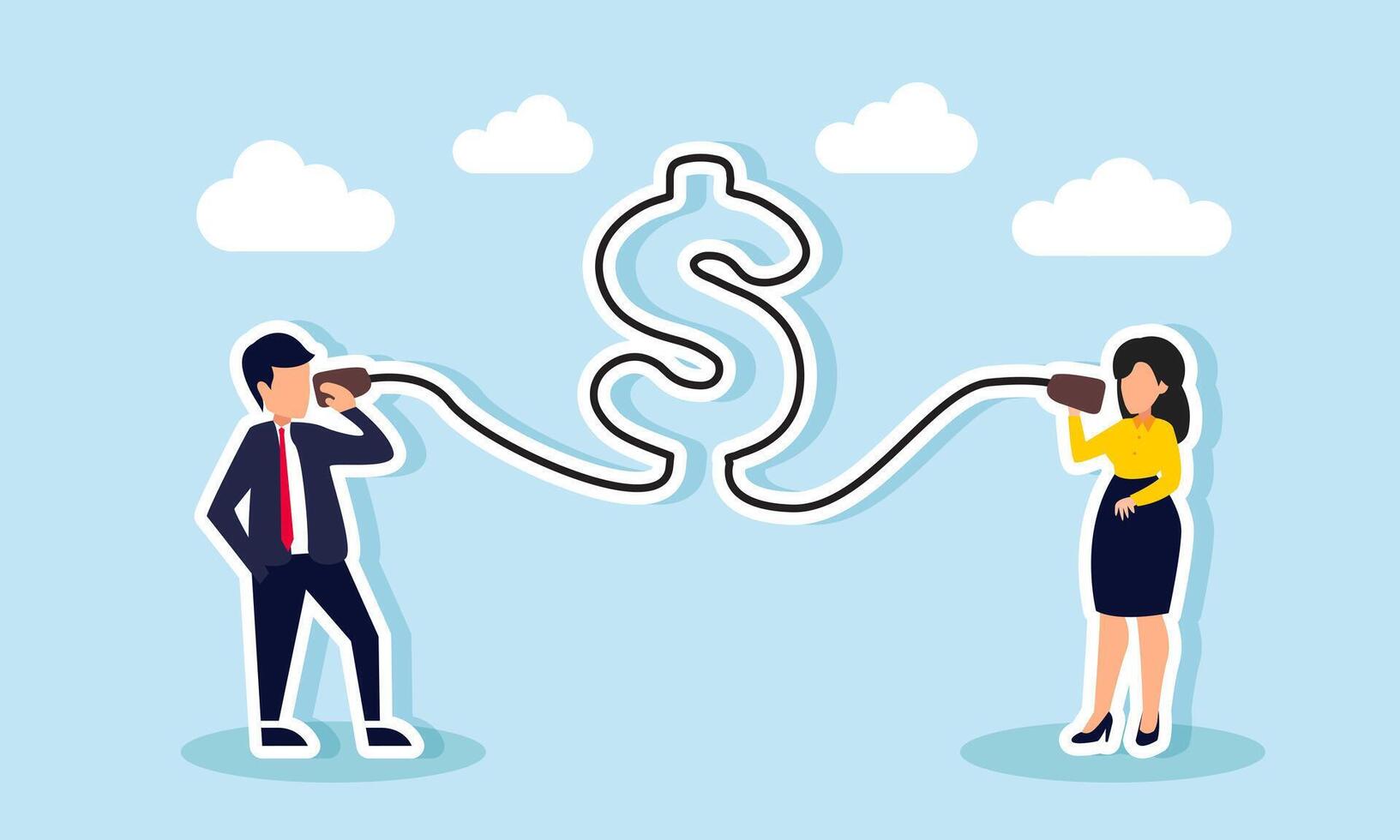 A businessman and businesswoman talking through a traditional device with a cord forming a dollar sign, illustration of sharing or communication about dollar valuation movement vector