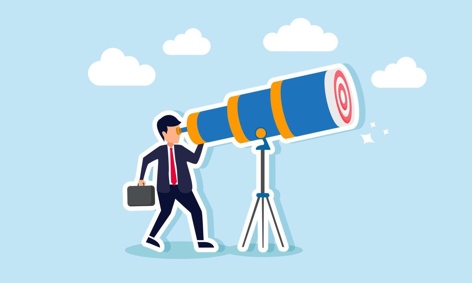 A businessman looking through a telescope at a target board, illustration of monitoring and evaluating the defined business targets vector
