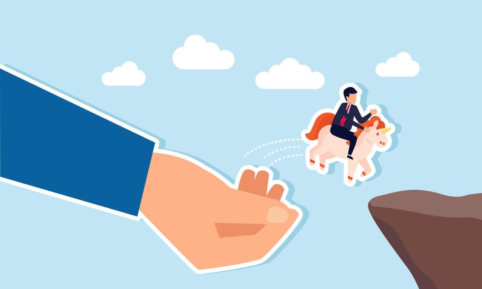 A hand helping a businessman riding a unicorn jump over a gap, illustration of investor assistance in sustaining a unicorn business vector