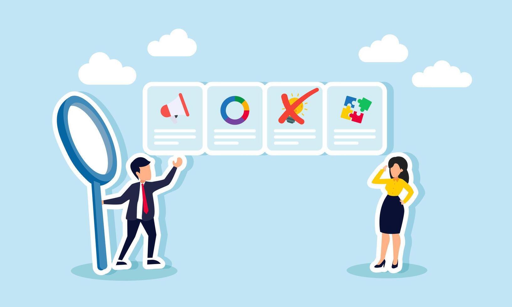 A businessman and a businesswoman standing next to item choices about marketing management, marked on the light section, illustration of disagreement with innovations vector