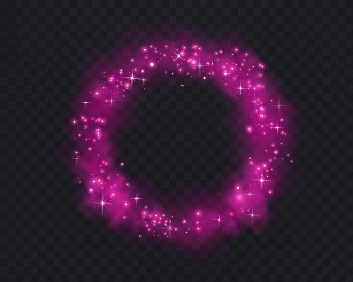 Realistic pink smoke circle or haze with pink glittering dots, particles, stars magic sparks. Magic fog, vapor. vector