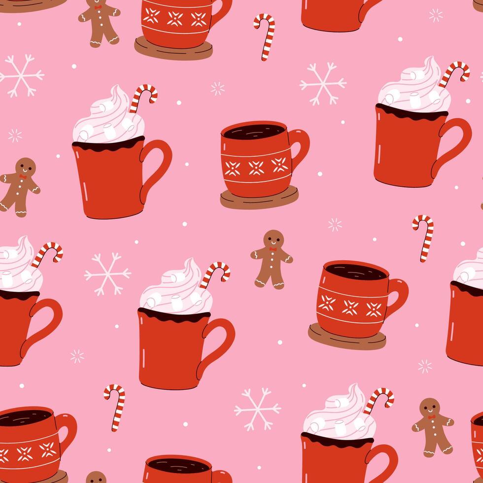 Seamless Christmas pattern with red mugs with winter drinks. graphics. vector