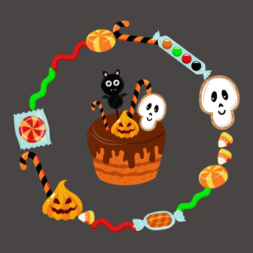 Sweets for Halloween. Round frame for text. Birthday cake. Set of illustrations. vector
