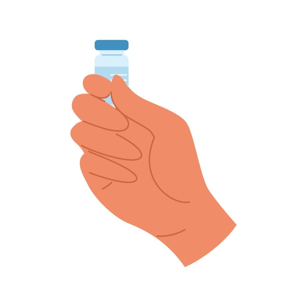 Flat hand with ampoule containing vaccine liquid for injection. Medical concept vector