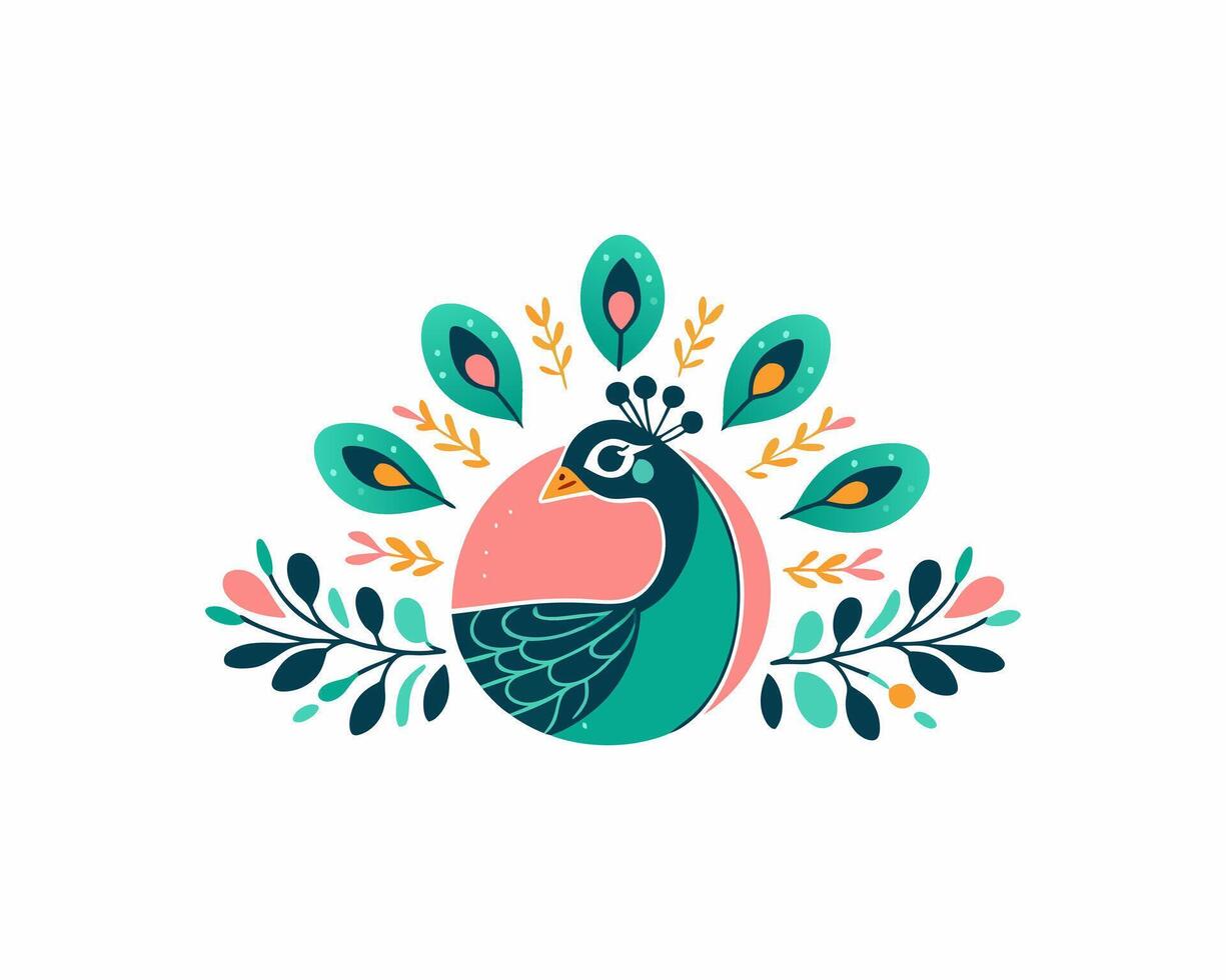 A colorful peacock with leaves and flowers vector