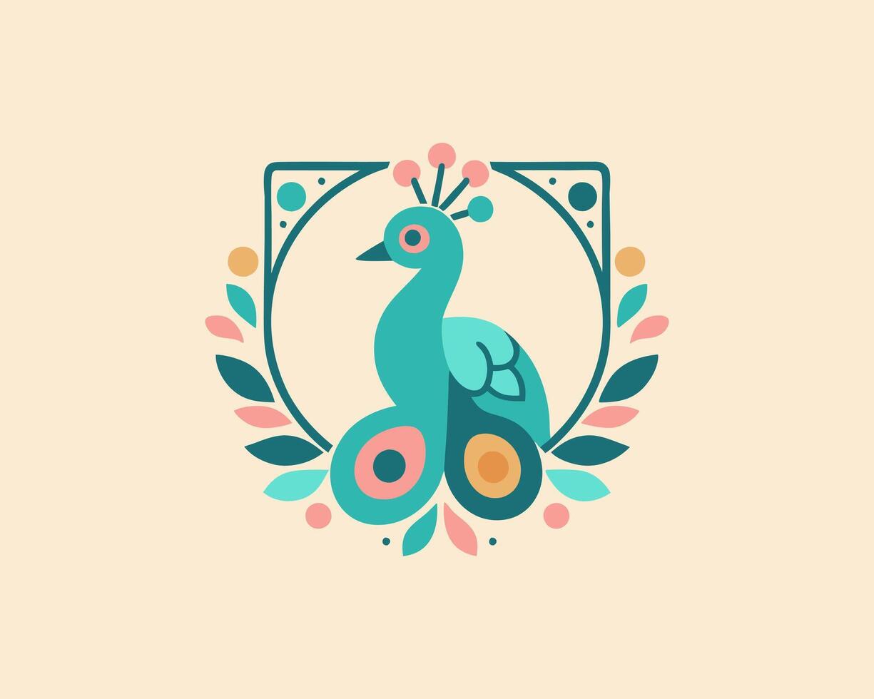 A colorful peacock logo with a floral frame vector