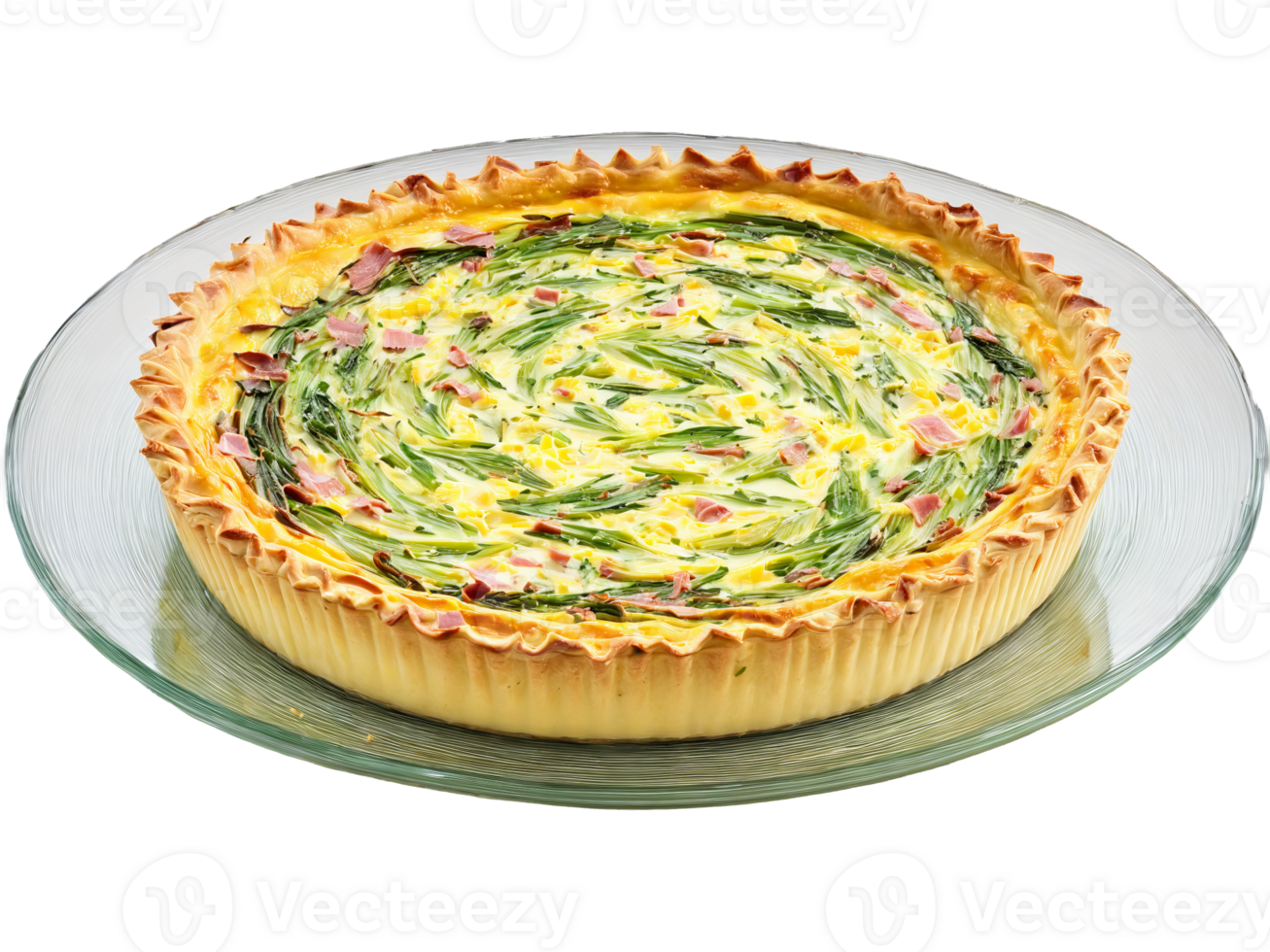 Spring quiche with leeks ham and Gruyere cheese served on a transparent glass plate savory png