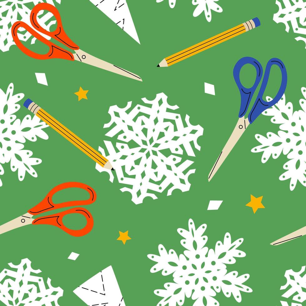 Christmas Paper snowflakes seamless pattern. Cutting concept background. Snowflakes, scissors and pencils. Hand drawn trendy illustration. vector
