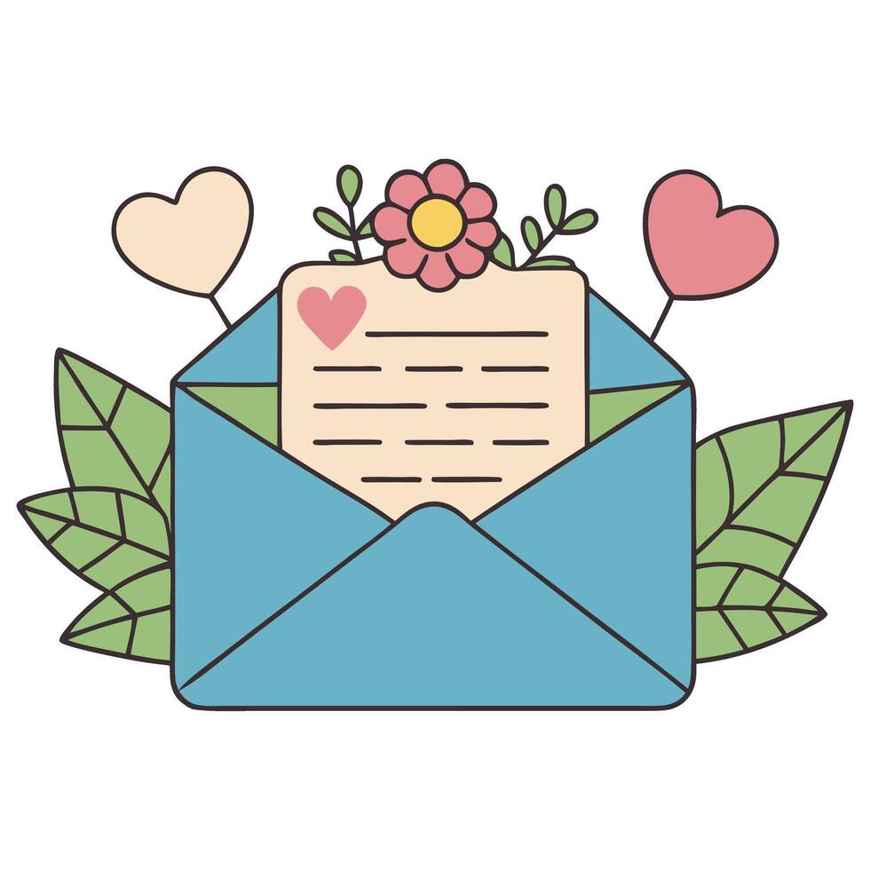 Charming floral envelope illustration with hearts and leaves vector