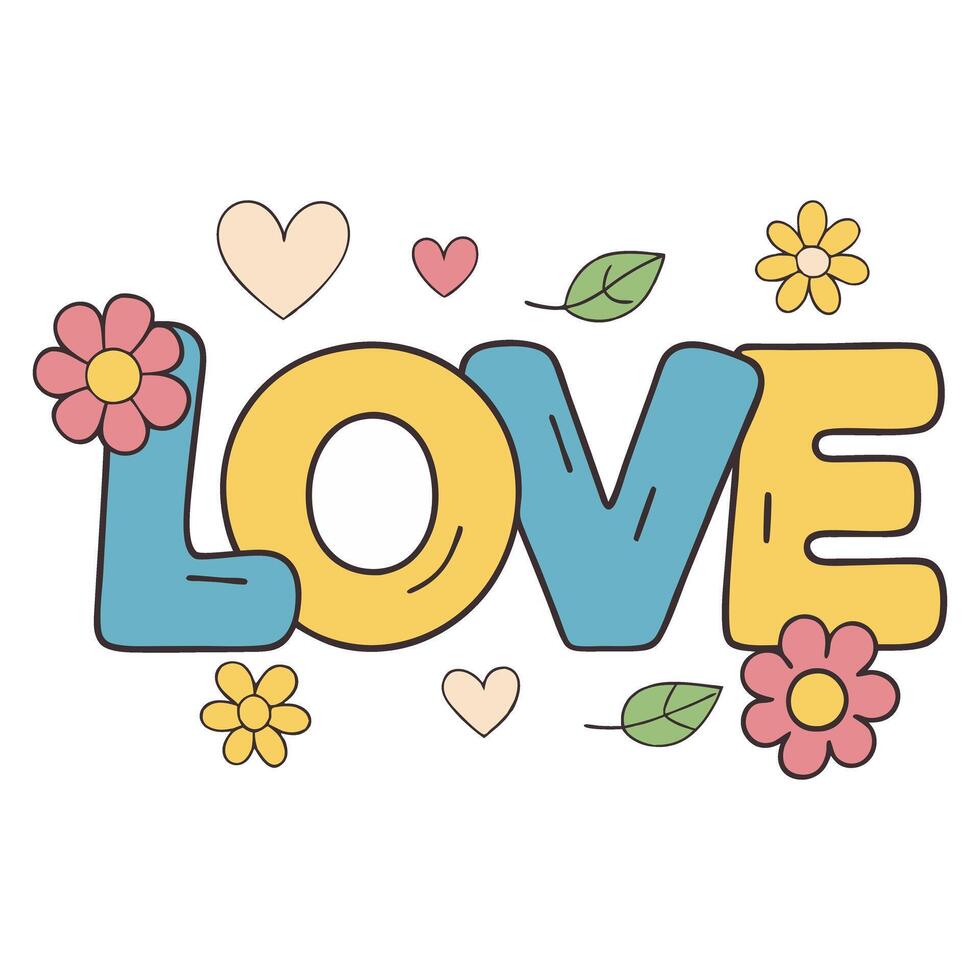 Whimsical love typography with floral and heart elements in colorful illustration vector
