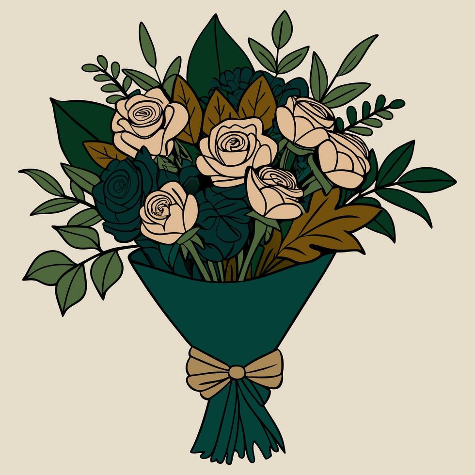 Elegant vintage style bouquet illustration featuring roses and greenery vector