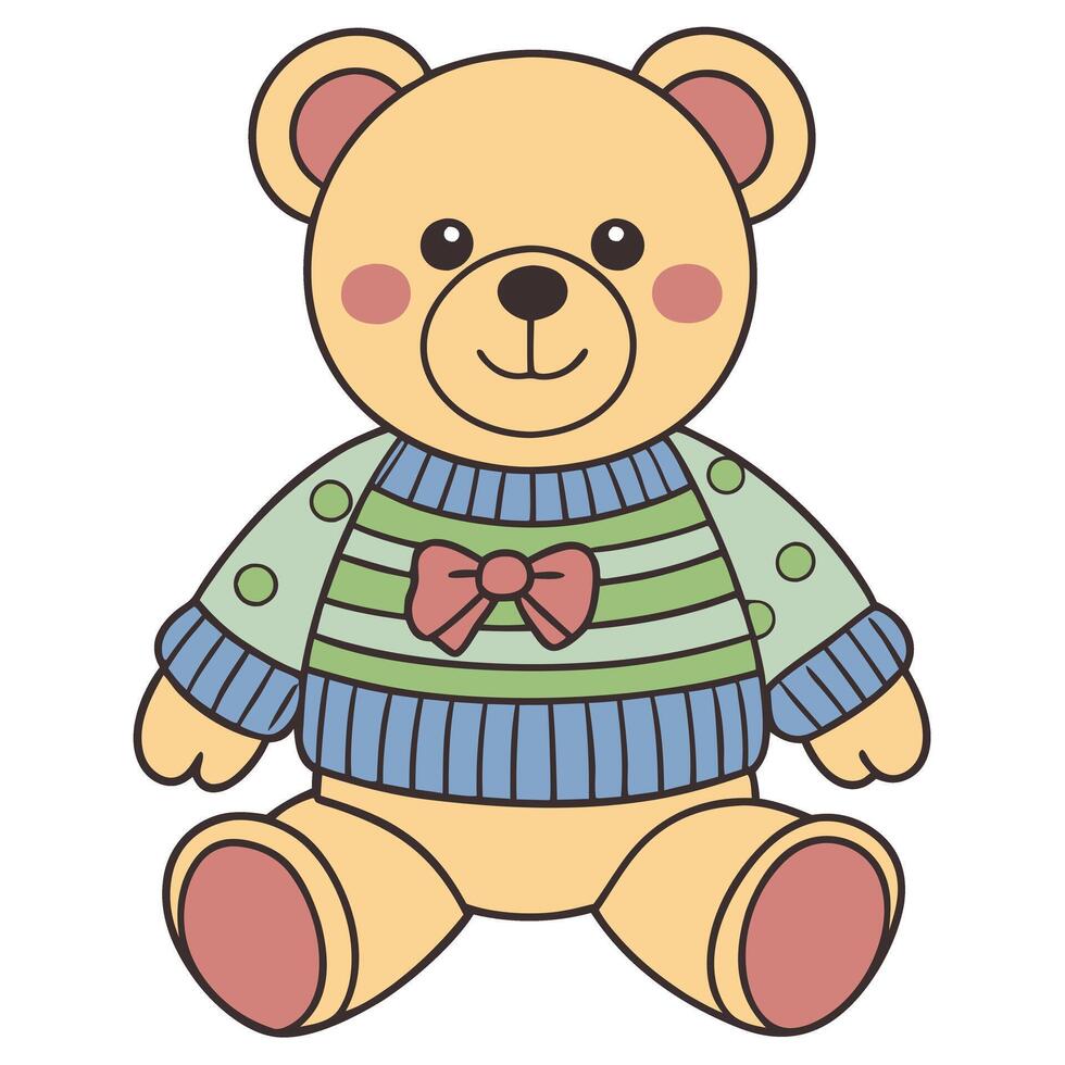 Cute plush bear in colorful sweater cartoon illustration art vector