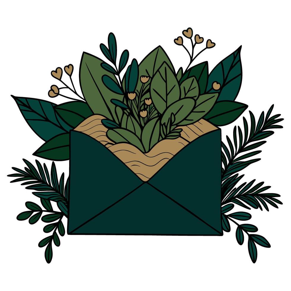 Floral envelope lush green botanical arrangement with leaves and flowers vector