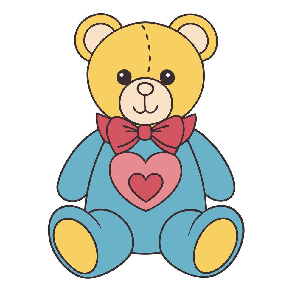 Cute plush bear with bow and heart in cartoon style vector