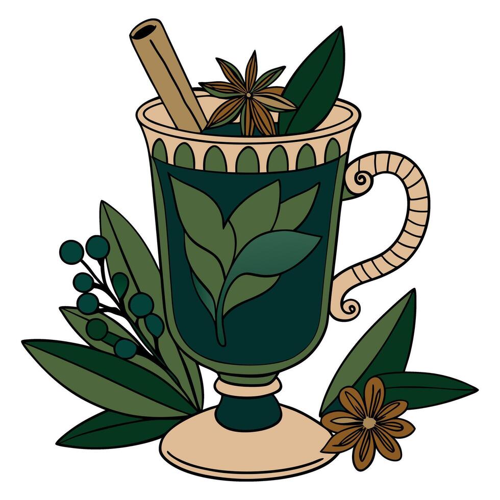 Vintage herbal tea illustration with leaves, star anise, and cinnamon stick vector